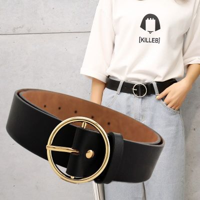 Metal Pin Buckle Women Belts Black PU Leather Gold Round Buckle Wide Female Waistband