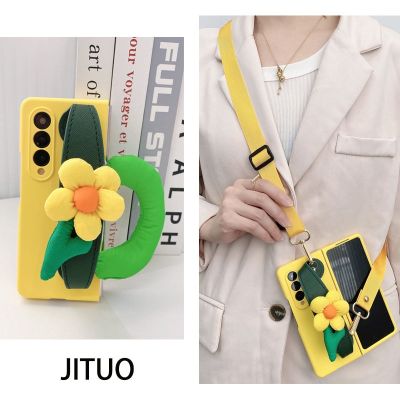 เคสโทรศัพท์มือถือ กระจกนิรภัย ป้องกันรอย ลายดอกไม้ ดวงอาทิตย์ พร้อมสายคล้องข้อมือ สําหรับ Samsung Galaxy Z Fold4 Fold 3