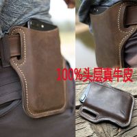 Crazy Horse Leather First Layer Genuine Mens Mobile Phone Waistpack Construction Site Work Outdoor Ultra-Thin Wearable Vintage Case