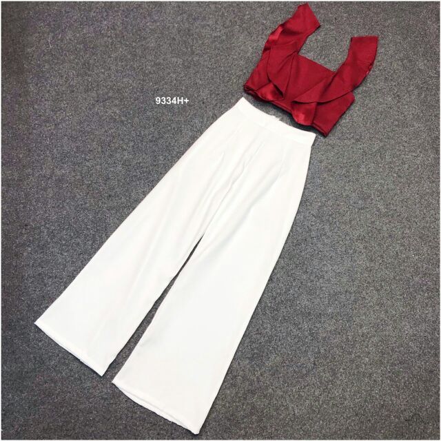 9334-ชุดเซท-เสื้อดรอป-สายเดี่ยว-แต่งระบาย-กางเกงขายาว-สีขาว-เสื้อผ้าแฟชั่น-ชุดเที่ยว