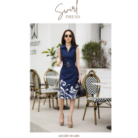 Swirl Dress - เดรสทรงเชิ้ตแขนกุด ลายคลื่นวน สีกรม