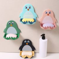 Wall Mounted Soap Holder Cute Penguins Shape Soaps Box with Hook Bathroom Accessories Punch Free Soap Sponge Storage Rack Soap Dishes