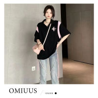 [OMIUUS] เสื้อยืดแขนสั้นสำหรับผู้หญิงเสื้อโปโลสีดำลำลองขนาดใหญ่