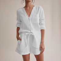2022 Autumn New White Long Sleeved 2 Piece Set Air Conditioning Clothes Cotton Crepe Shorts Suit Pajamas Womens Skin Intimate