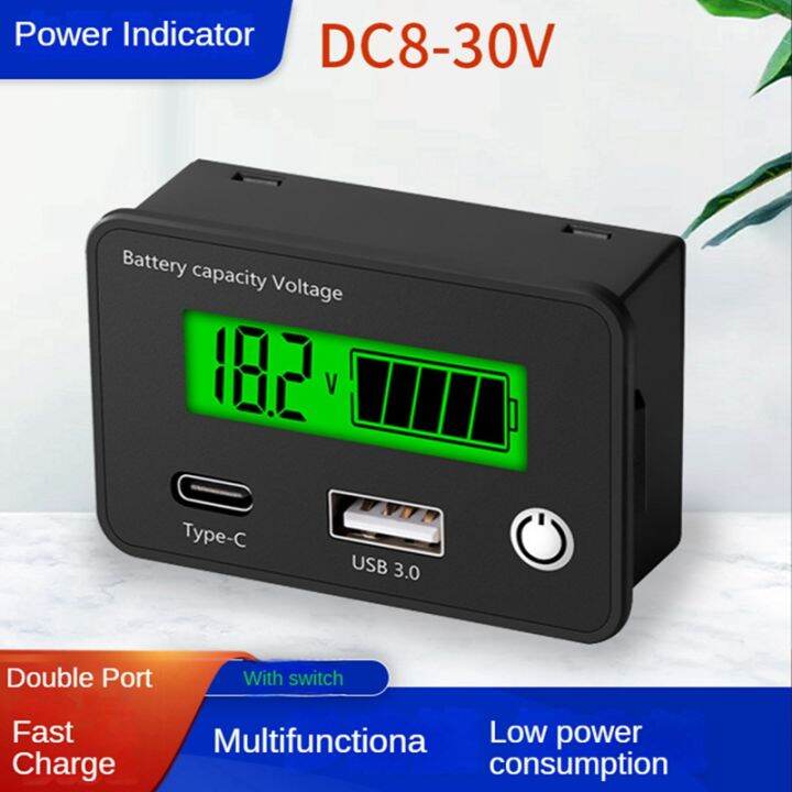 lead-acid-lithium-battery-capacity-indicator-car-digital-voltmeter-voltage-tester-dc8-30v-usb-type-c-green-screen