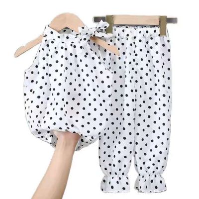 Baju Budak Perempuanr Kids Girls Set Tops+Pants Polka-dot Summer Bowknot Cute Chiffon Sleeves Suits