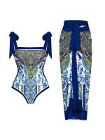 2023 New Ceramic Print Double-sided Pattern Bikini Sets Swimsuit &amp; Skirt Symmetrical One Piece Swimwear Cover Up French Vintage Style Bathing Suit