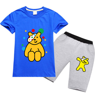 Pudsey ชุดเสื้อยืดแขนสั้นลายเด็กหญิงเด็กชายหมีชุดกางเกงขาสั้นเสื้อผ้า Unisex ผ้าฝ้ายล่าง0000การ์ตูน