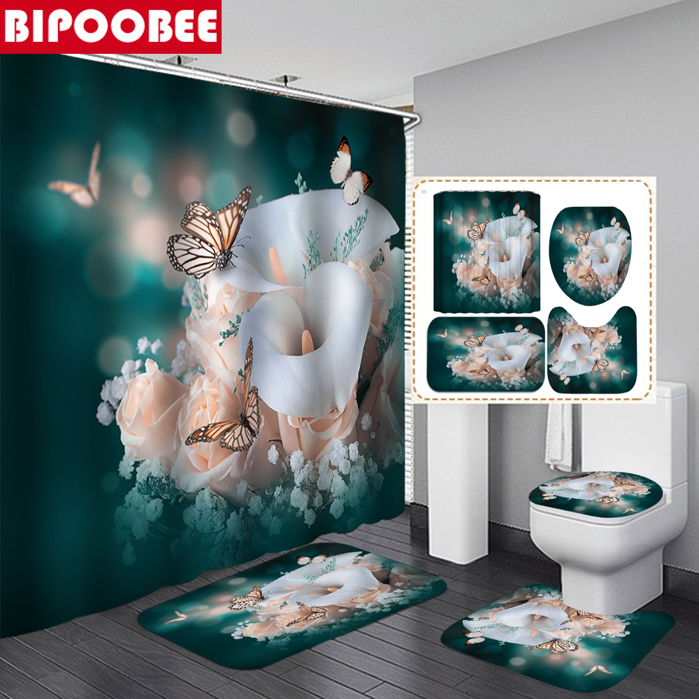 Butterfly Rose Print Bathroom Toilet Rug Lid Toilet Cover Mat Shower Curtain Set 