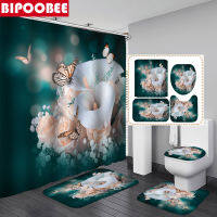 Butterfly Roses and Gypsophila Print Shower Curtain Set Anti-slip Rugs Toilet Lid Cover Bath Mat Durable Bathroom Decoration