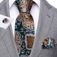 Retro Green Floral Men Tie Set Silk Jacquard Necktie Wedding Business Handkerchief Cufflinks Tie Barry.Wang Designer FA-5347