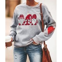 Womens Christmas Three Santas Print Round Neck Arm Love Sweatshirt Light Grey