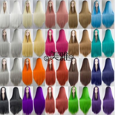 Universal cosplay wig long straight hair girl 100 cm in black and white blue green purple yellow color cartoon