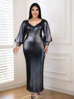 ZZOOI Long Prom Outfits Plus Size Lantern Sleeve High Waist Bodycon Gilding Evening Birthday Cocktail Party Event Dresses Curvy Women