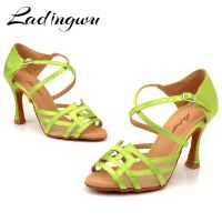 ETXLadingwu Dance Shoes Women Salsa Shoes Dance Light Green Satin Latin Dance Shoes Geometric patterns Design Soft Bottom