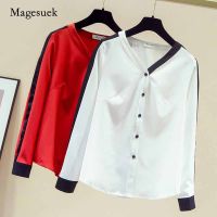 Women V-neck Korean Fashion Clothing Solid Loose Tops Shirt Office Lady Spring and Autumn Chiffon Shirts and Blouse Blusas 11155