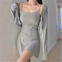 Irregular Autumn New Thin Button Top T Shirt + Sexy Strapless Tank Mini Dress Fashion Two Pieces Dresses Korean Sexy Tops Q8QG