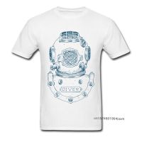 Vintage T-Shirt Men White Tshirt Deep Sea Diver Helmet Illustration T Shirt Custom Print Summer Clothes Short Sleeve Tops Cotton