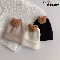 ตุ๊กตาลูกหมีน่ารักถักหมวกฤดูใบไม้ร่วงฤดูหนาวอบอุ่นแรกเกิดหมวกทรง Beanie สีทึบเครื่องป้องกันหูหมวกหมวกเด็กทารก5-24เดือน