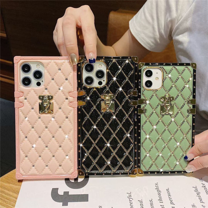 For iPhone 14 Pro Max 13 11 12 XS XR Luxury Pattern Leather Square Case  Cover