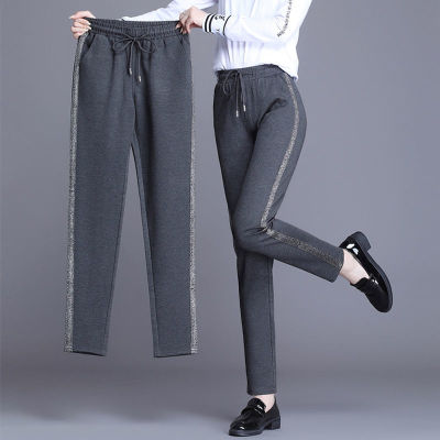กางเกงฮารันสำหรับผู้หญิงกางเกงบางเสื้อนอกกางเกงขายาวสีดำลายทางแนวตั้งกางเกงออกกำลังกายลำลองเอวสูงบาง