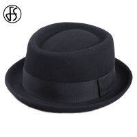 FS Vintage Pork Pie Hat Men Wide Brim Wool Felt Fedora Black Hat Mans Church Jazz Ribbon Trilby Panama Gangsters Caps Gentlemen