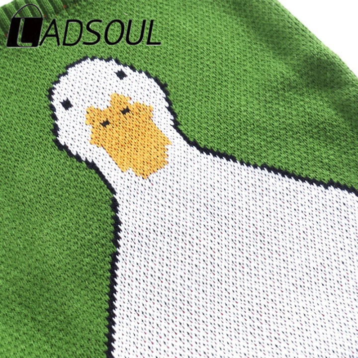 ladsoul-cute-cartoon-duck-top-handle-tote-bags-for-women-winter-vintage-retro-rural-anime-knitting-kawaii-stylish-green-handbags