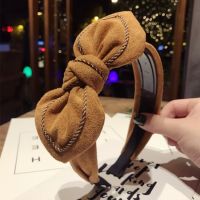 [COD] South Koreas new simple velvet fabric striped big rabbit ears bow with toothed wide-brimmed hair hoop head for ladies