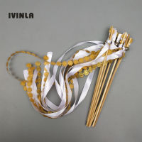 30pcs gold and white wedding ribbon wands with gold bell ribbon Twirling Streamers wedding ribbon stick