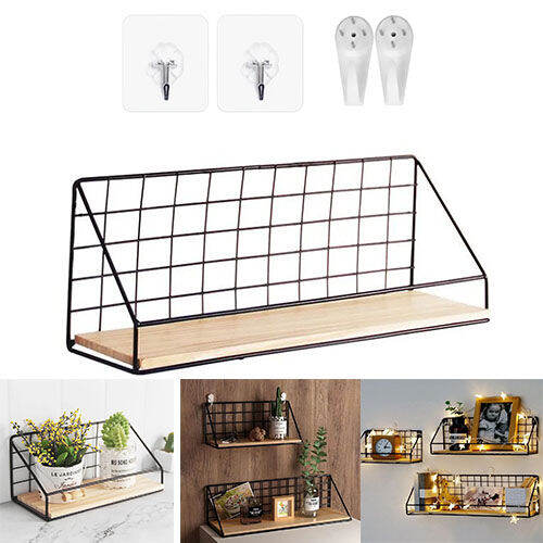 METAL GRID001 35*11*14cm Housekeeper Wall Shelf Wood Iron Holder