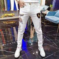 CODhan14416 2023 New Style Men Printed Jeans Spring Embroidered Hot Diamond Slim-Fit Korean Version Trendy Youth Versatile Skinny Pants