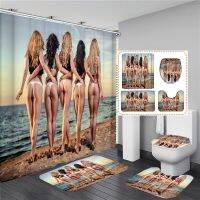 Caryfp Sexy Beach Girl Bath Curtains lovely Bathroom Shower Curtain Set With Non-Slip Rug Toilet Seat Cover Mats