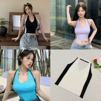 Beautifultime Tiktok สไตล์ผู้หญิง Halter Tank Tops, Trendy V คอสีทึบเสื้อถักเอวลอย