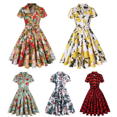 HOT11★Women Vintage Flower Printing Dress Retro Rockabilly 2023 V-Neck tail Party 1950s Swing Dress Summer Dress Short Sleeves