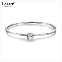 Lokaer Classic Titanium Steel Silver Color Cuff Bracelets Bangles Luxury Cubic Zirconia Wedding Bangle Jewelry For Women B18030