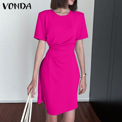 VONDA Women Elegant Crew Neck Puff Sleeve Short Sleeve Fashion Mini Dresses (Korean Causal)