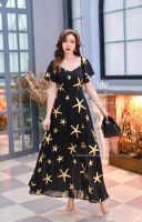 พร้อมส่ง S-4XL GANNIESHOP (582) Maxi Dress แม็กซี่เดรส เดรส เดรสยาว เดรสสีขาว เดรสสีดำ เดรสพิมพ์ลาย เดรสลายปลาดาว เดรสออกงาน เดรสสาวอวบ เดรสทรงเจ้าหญิง