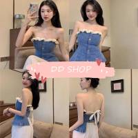 DD SHOPพร้อมส่ง 463 เสื้อเกาะอกผ้ายีนส์ ดีเทลสม๊อคด้านหลังยืดเล็กน้อย ผูกโบว์ -NZ-XX