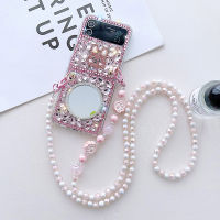 YIQIAN for Samsung Galaxy Z Flip 4 5G Crystal Bling Mirror Case with Pearl Crossbody Strap, Women Girls Cute 3D Handmade Sparkle Stunning Stones Crystal Diamond Hard PC Phone Case for Z Flip 4