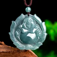 พม่ามรกตหยกพระพุทธรูปจี้สร้อยคอหินสีฟ้า Jadeite เครื่องประดับธรรมชาติหรูหราวินเทจอัญมณีผู้ชายเสน่ห์แฟชั่น