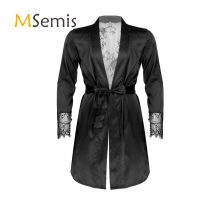 Mens Lingerie See-through Floral Lace Satin Night-robe Nightwear Patchwork Long Sleeve Robes Kimono Belted Bathrobe Sleepwear