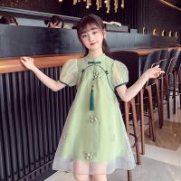 Girls Cheongsam 2022 New Fresh Green Fashion Princess Dresses Chinese Style  Frog Pendant Kids Hanfu