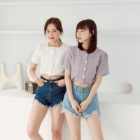 [Real Photo] Womens Purple Top Summer 2021 Korean Drawstring Short High Waist French Square Collar Short Sleeve Shirt