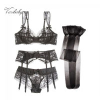 Varsbaby sexy lace bow underwear unlined bra sets 4 PcsLots bra+panty+garter+stockings