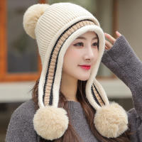 HT3805 Knitted Hat Women Three Big Fur Pompoms Beanie Hat Ladies Thick Ski Earflap Cap Fleece Lined Skullies Beanies Winter Hat