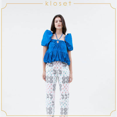 KLOSET  Puff Sleeves Keyhole Top (SS21-T009) เสื้อแขนพอง ผูกคอ ผ้าพื้น ชายเสื้อแต่งระบาย