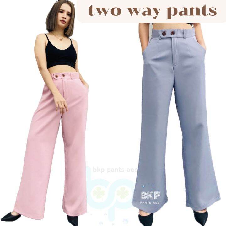 bkp-pants-aee-พร้อมส่ง-กางเกงขาบานเอวสูง-ผ้าเปเป้ขอบเอวแต่งอินทนู-รุ่น-two-way-pants-ช่วยพรางหุ่น-เรียบหรู-ใส่ได้ทุกโอกาส