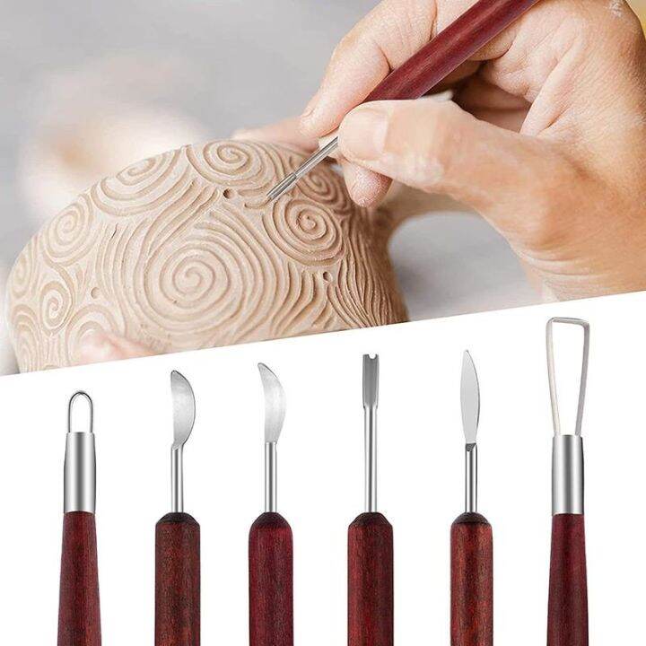 a taste】 6pcs DIY Pottery Clay Tools Wooden Handle Pottery Carving Tool