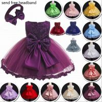 Lace Flower Baby Dress Gauze Sleeveless Big Bow First Birthday Dresses for Party Wedding free headband Baby Clothes 0-2Y 7722BB