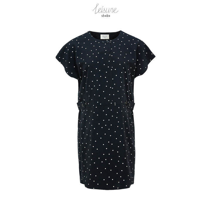 shaka-leisure-ss21-polka-dot-mini-dress-เดรสสั้นแขนในตัว-คอกลม-สาบกระดุมหน้า-ds-l210314